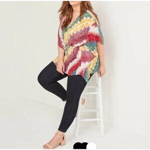 Lane Bryant Top Womens Tribal Print Chiffon Top Kimono Sleeve Sheer Boho